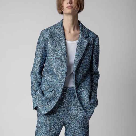 NEW Zadig & Voltaire Vanille Sequin Blazer Denim Blue Size 34 / XS - Picture 2 of 13